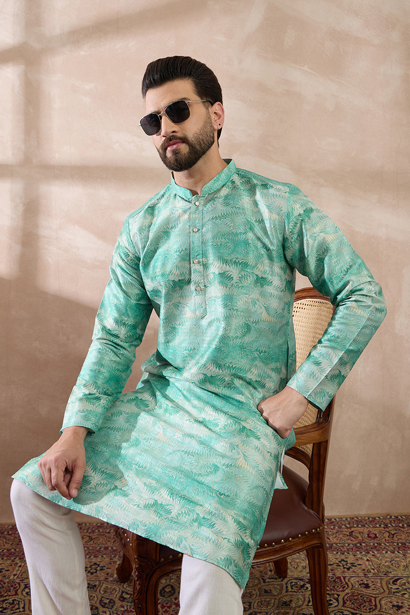 Green Silk Blend Printed Mandarin Collar Straight Kurta With Trouser MKSET2022