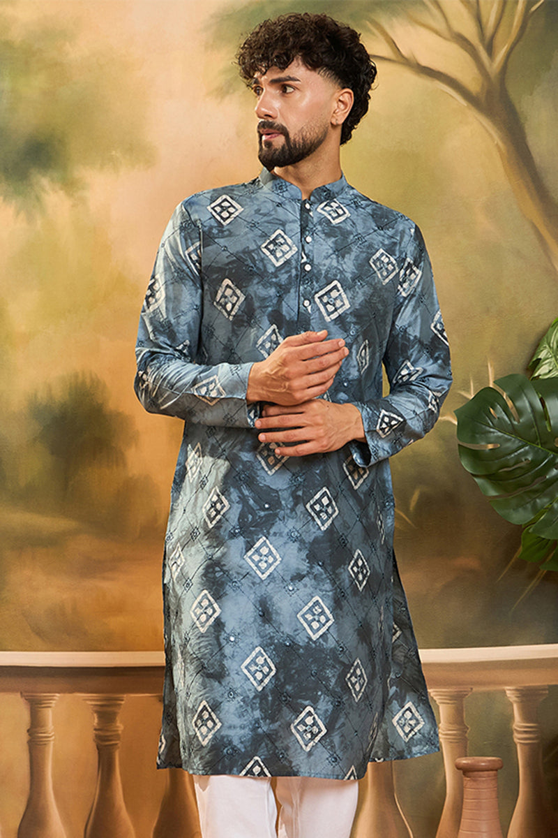 blue silk blend batik embroidered straight kurta with trouser
