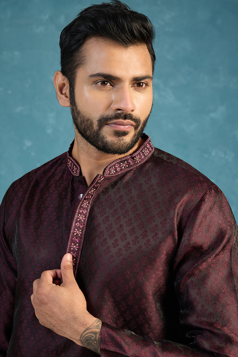 Mens Purple Silk Blend Woven Design Straight Kurta MKU1835