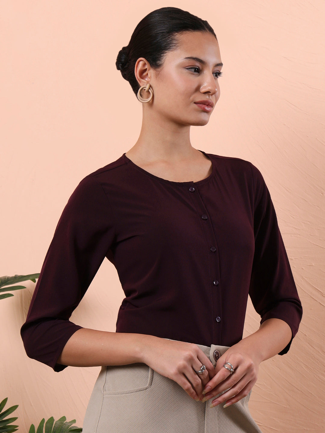 women smart mandarin collar solid polyester shirt