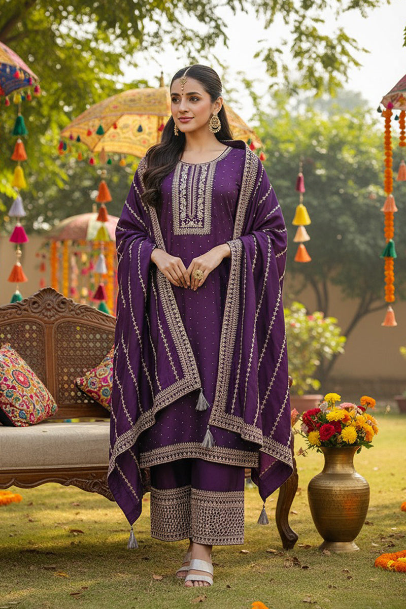 purple silk blend straight kurta palazzo with dupatta pkskd1859