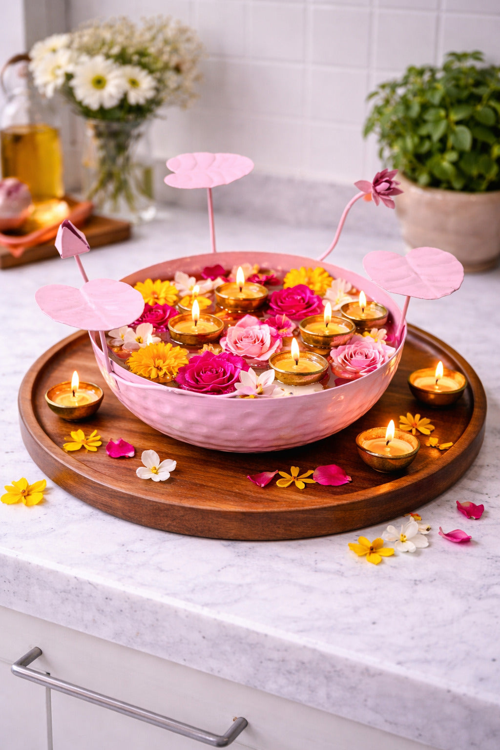 galvanized metal urli bowl for floating flowers candles decorative urli with lotus stems for home festival decor pink