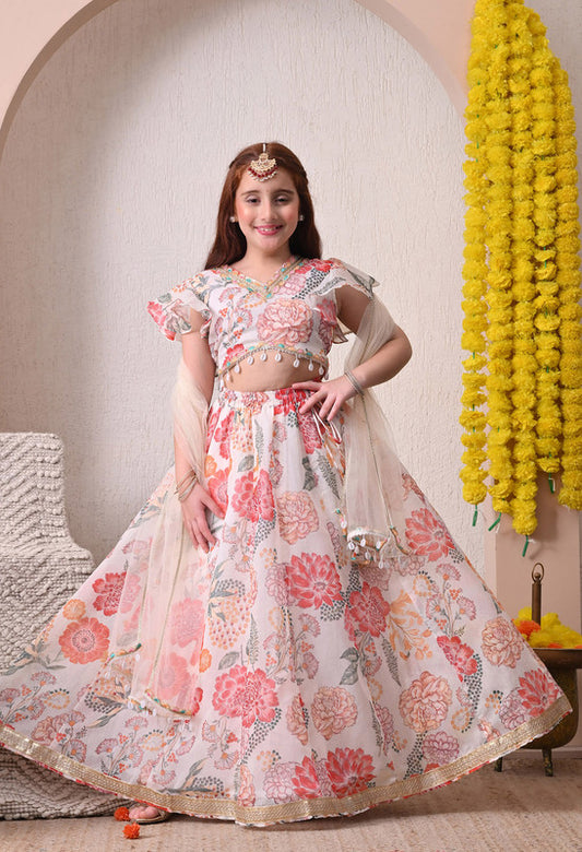 Indi Loom Couture Girls Off White Floral Printed Lehenga Choli with Dupatta ILLCD32