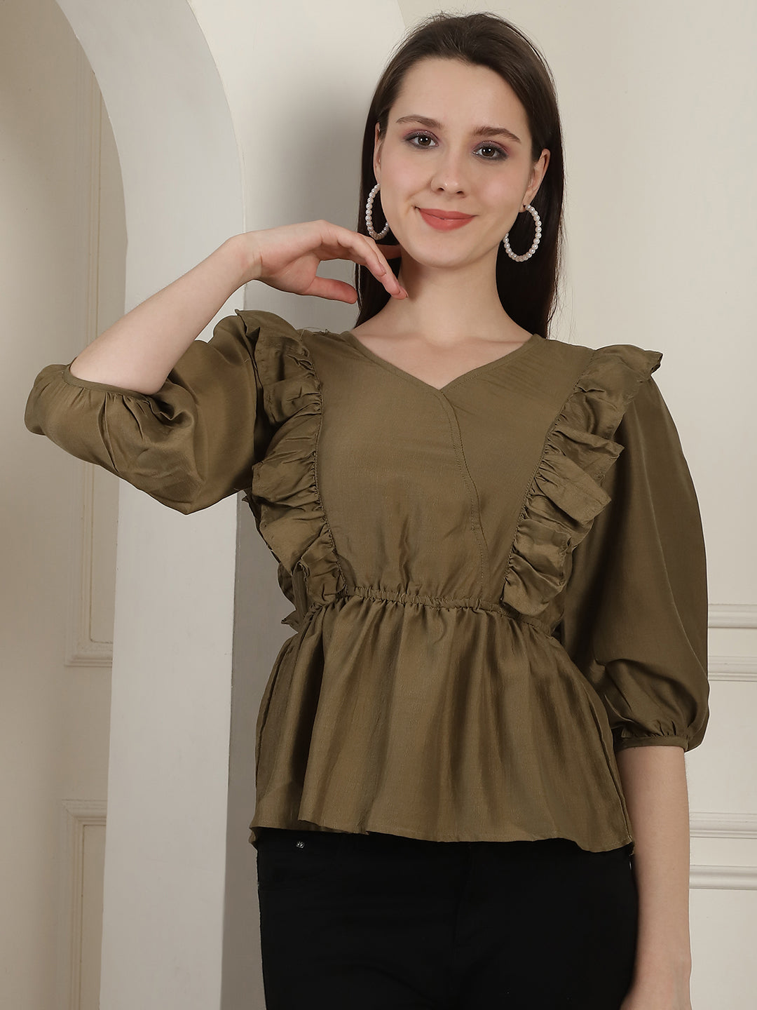 Brown Solid Womens Top With