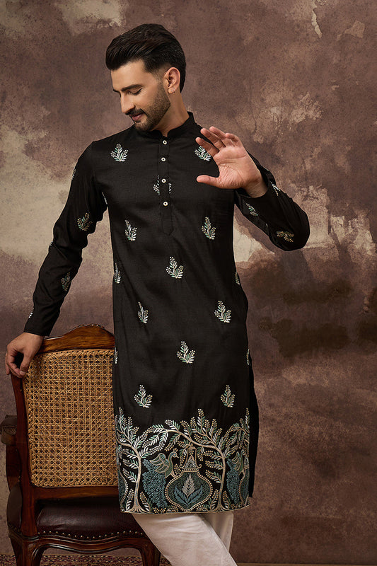 black silk blend solid embroidered straight kurta with trouser
