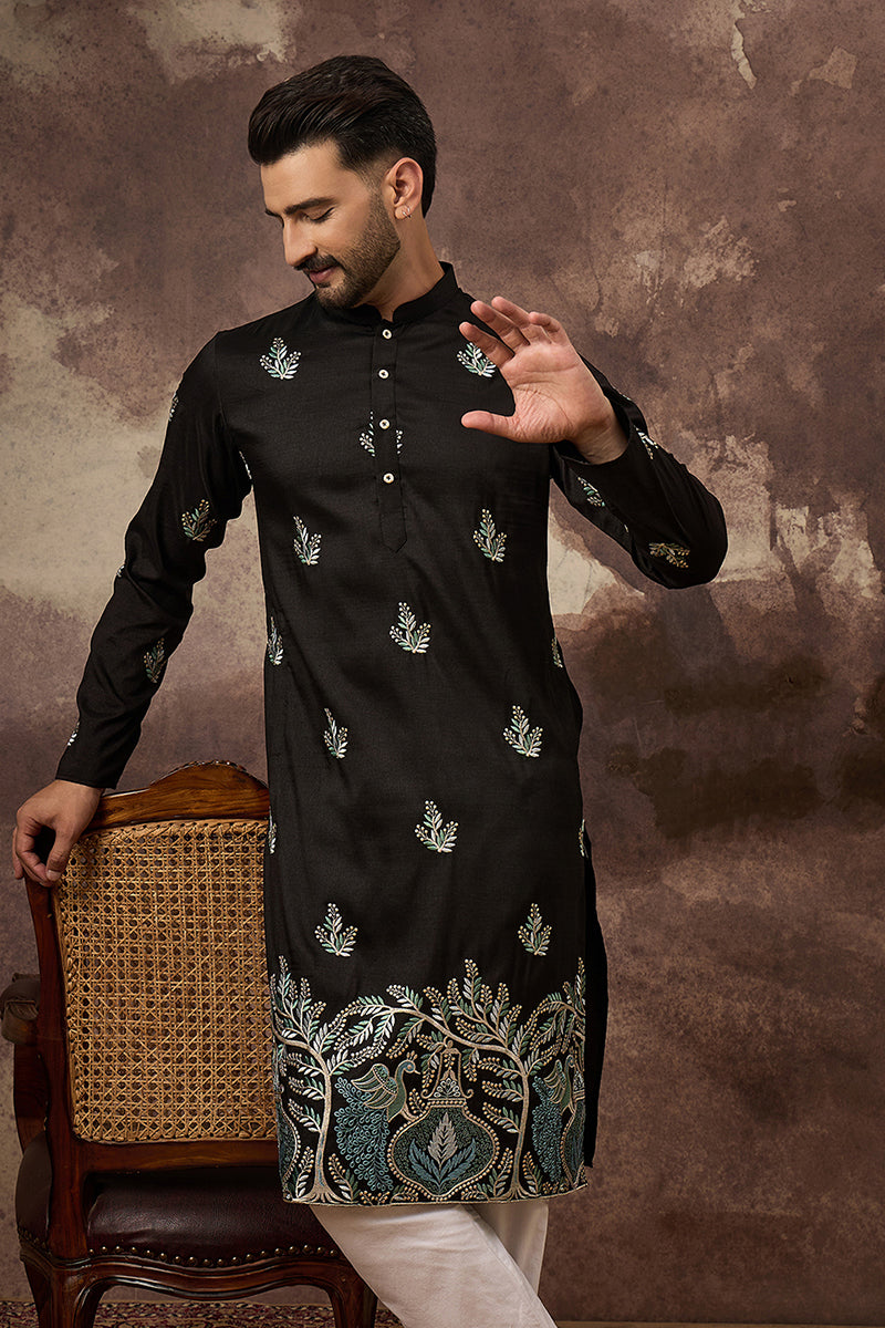 black silk blend solid embroidered straight kurta with trouser