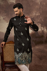 black silk blend solid embroidered straight kurta with trouser
