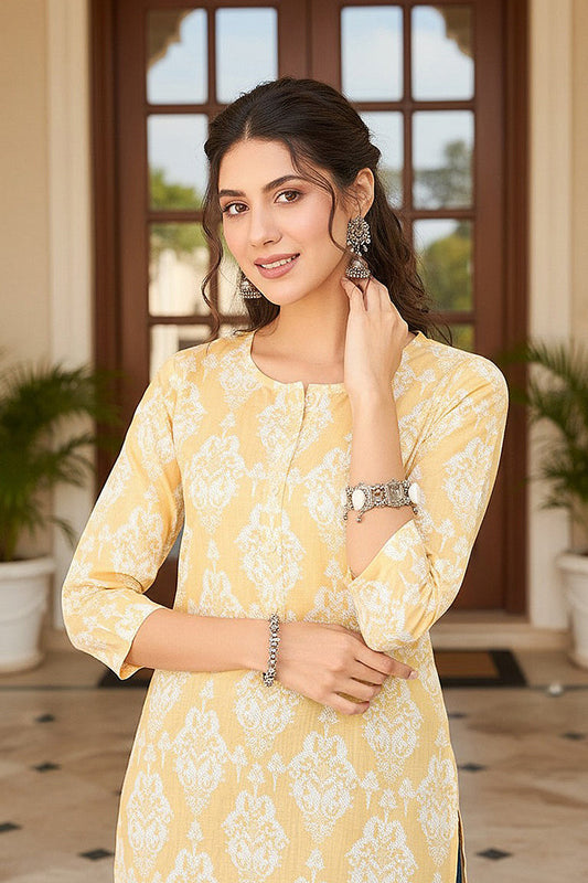 yellow cotton blend ethnic motifs printed regular top 
