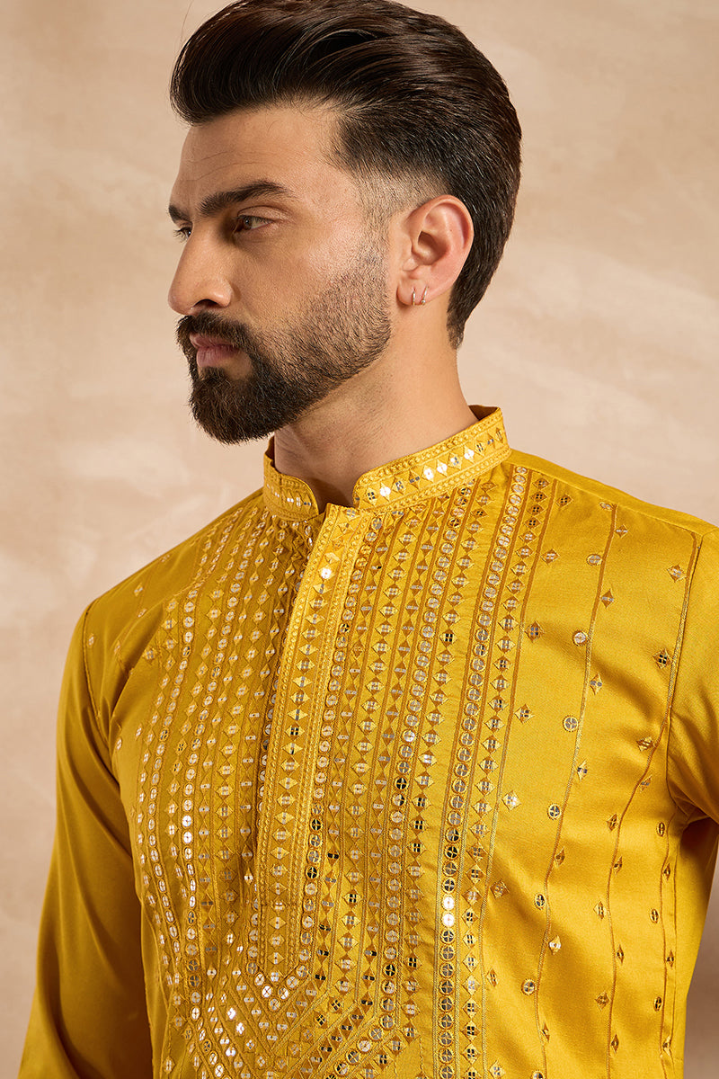 Yellow Silk Blend Geometric Embroidered Straight Kurta With Trouser MKSET1688