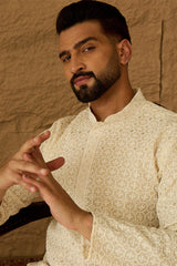 off white cotton solid printed straight kurta