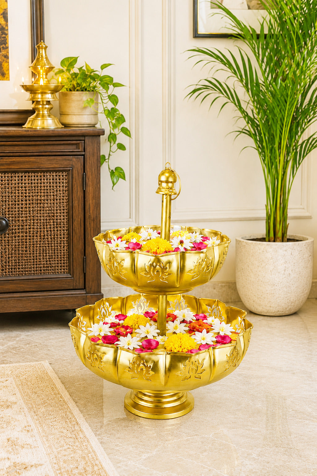 premium dual layer metal urli bowl 2 tier decorative floating flower urli for water candles tea lights traditional pooja urli for diwali wedding home festive decoration