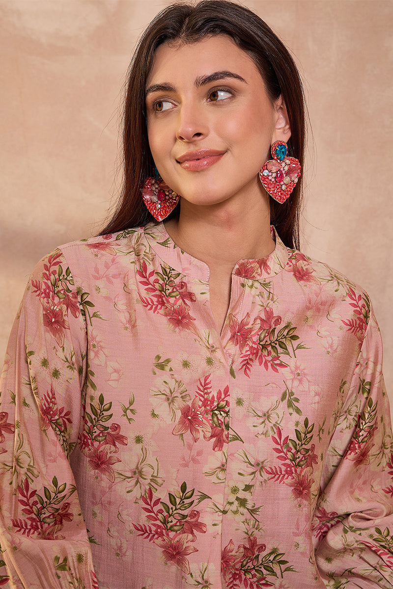 pink silk blend floral printed top 