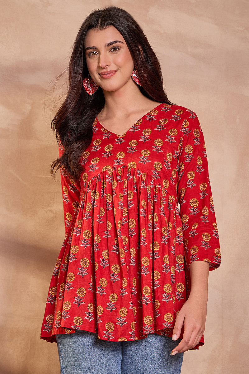 red cotton blend floral printed top