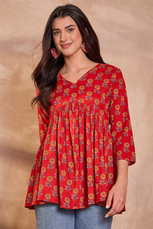 red cotton blend floral printed top