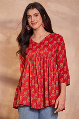 red cotton blend floral printed top