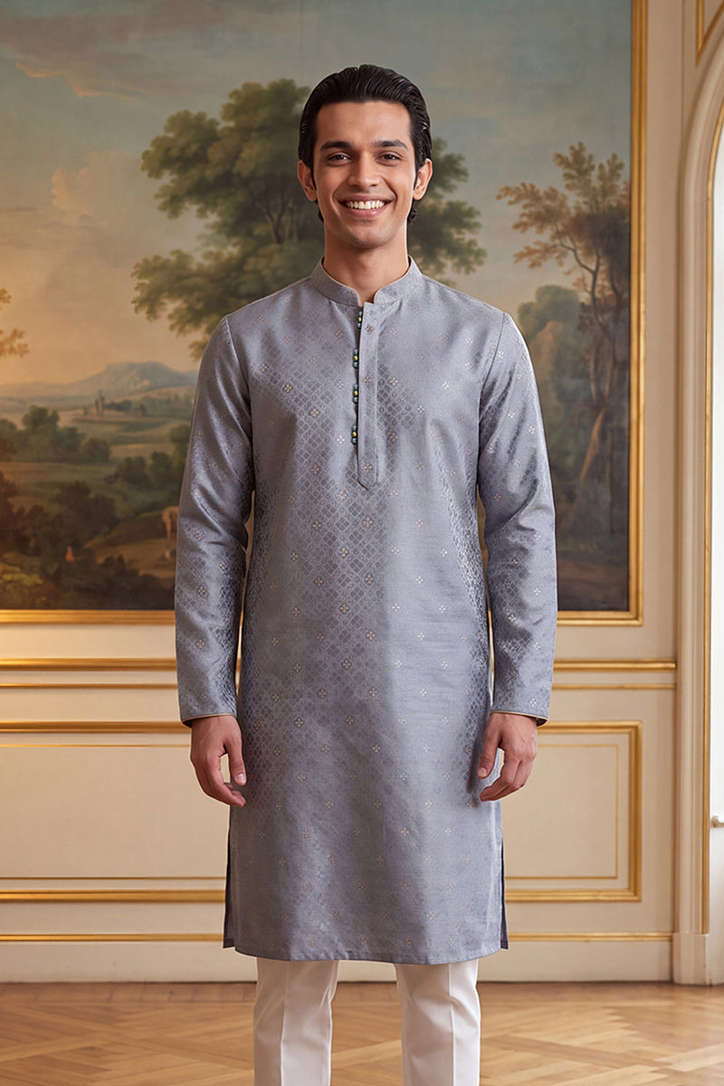 Mens Grey Jacquard Ethnic Motifs Woven Design Kurta MKU2642