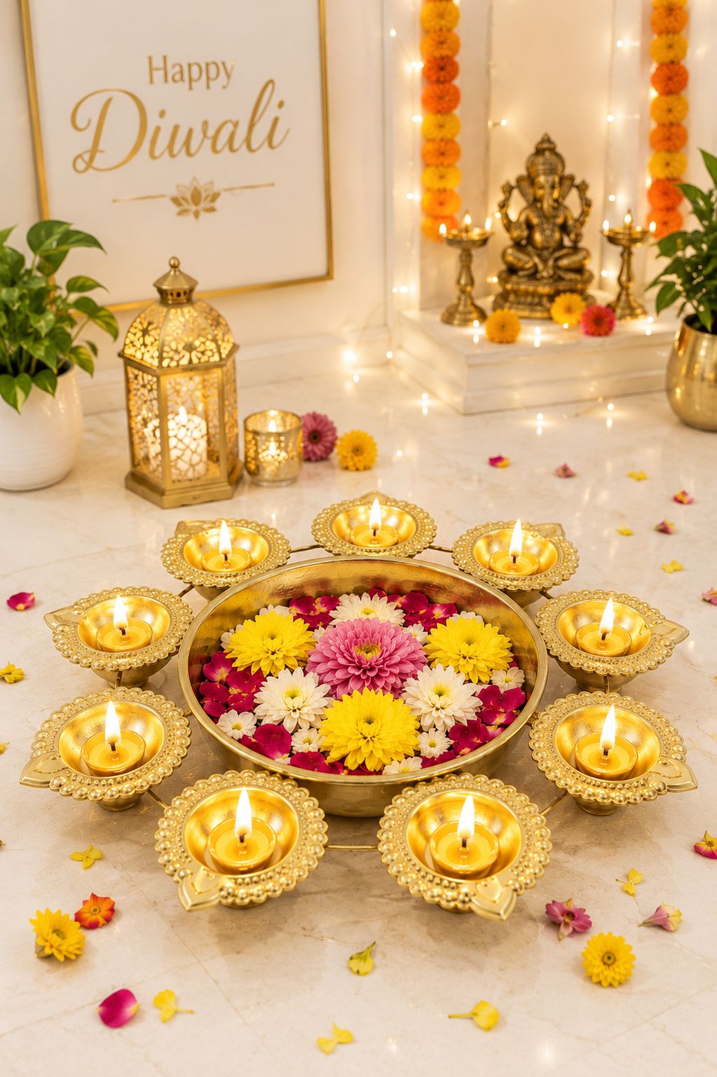 premium iron urli with 8 diya holders decorative metal floating flower bowl for water candles rangoli traditional urli for diwali pooja wedding festivals home decoration
