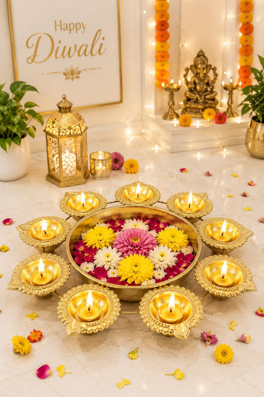 premium iron urli with 8 diya holders decorative metal floating flower bowl for water candles rangoli traditional urli for diwali pooja wedding festivals home decoration