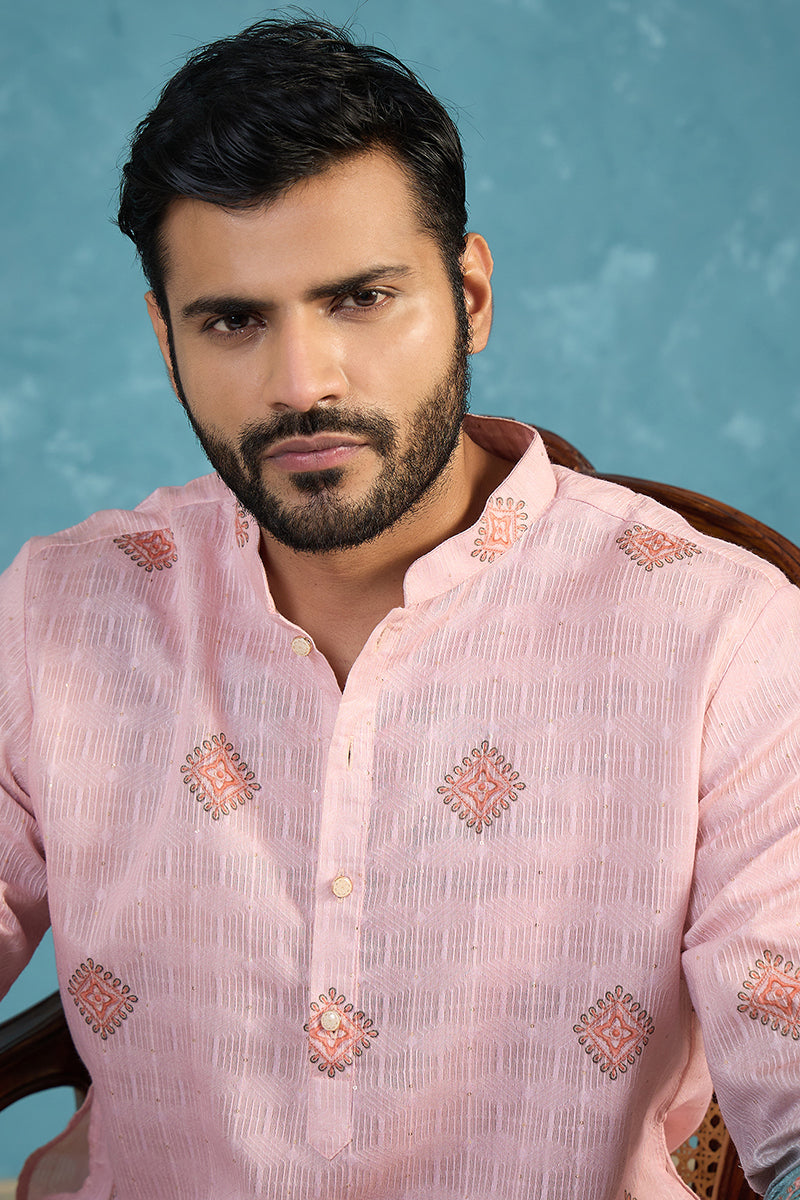 Mens Peach Silk Blend Woven Design Calf Length Straight Regular Kurta MKU2348