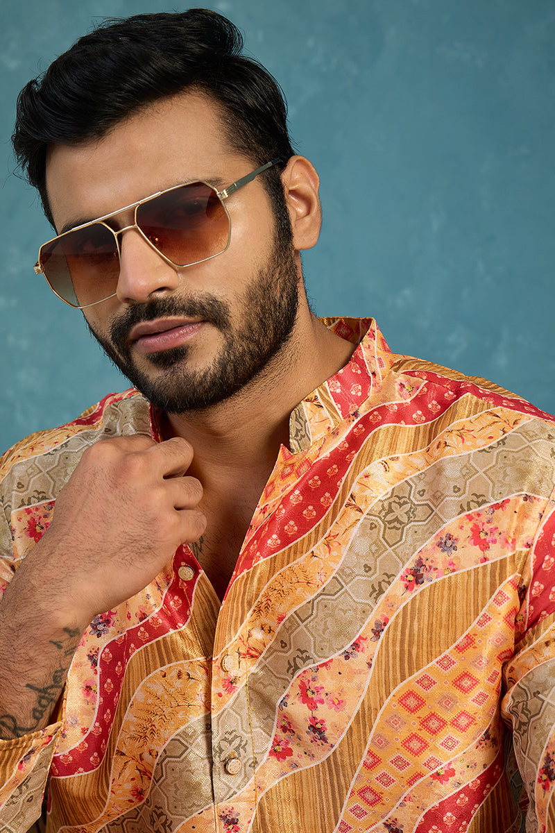 Yellow Silk Blend Printed Straight Kurta With Trousers MKSET2168