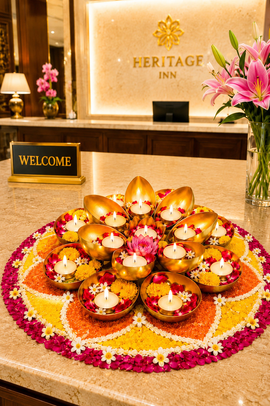 golden metal urli cum tealight holder set decorative diya flower urli for festive home decor