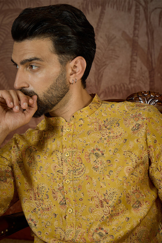 Mens Mustard Silk Blend Ethnic Motifs Printed Kurta MKU2559