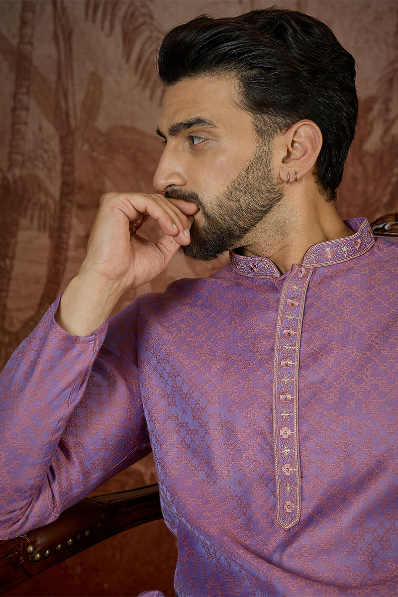 Mens Purple Jacquard Geometric Embroidered Kurta MKU2549