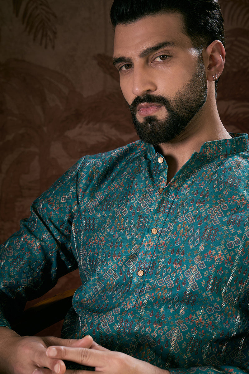 Blue Silk Blend Ethnic Motifs Printed Straight Kurta With Trouser MKSET1906