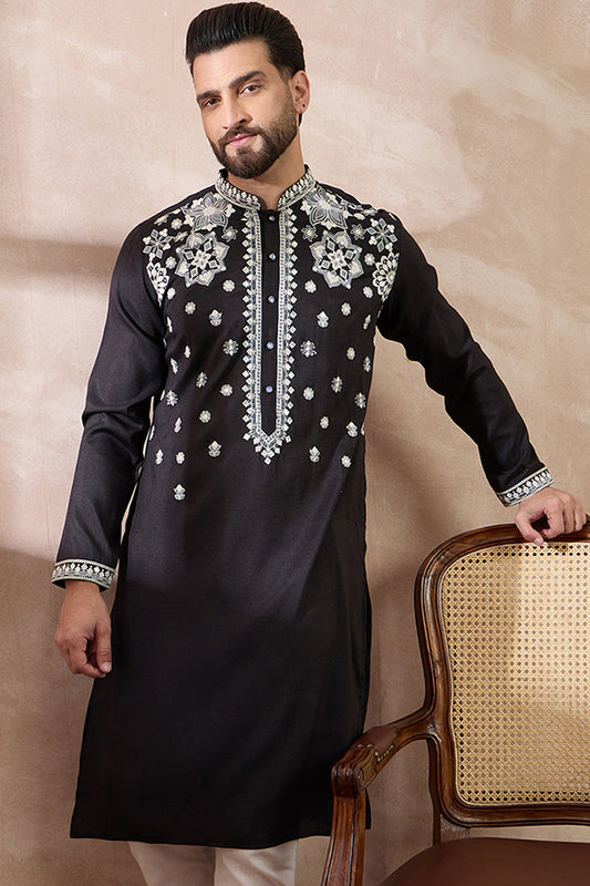 Black Silk Blend Embroidered Mandarin Collar Straight Kurta With Trouser MKSET1884