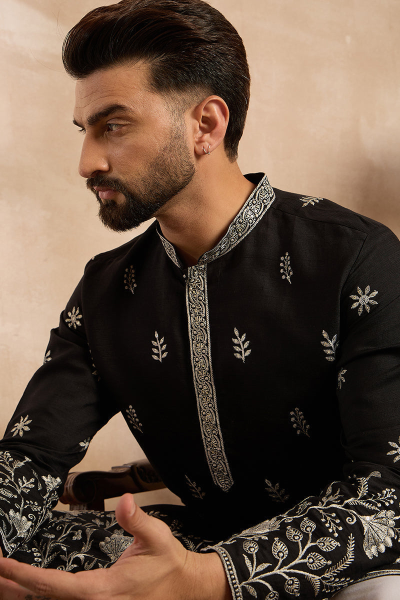 Black Silk Blend Solid Embroidered Straight Kurta With Trouser MKSET1782