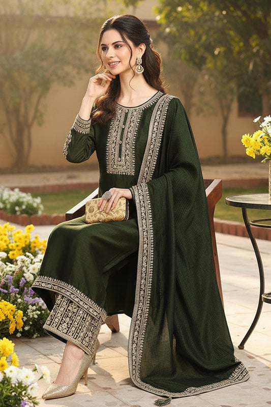 navy blue silk blend solid embroidered straight style suit set pkskd2263