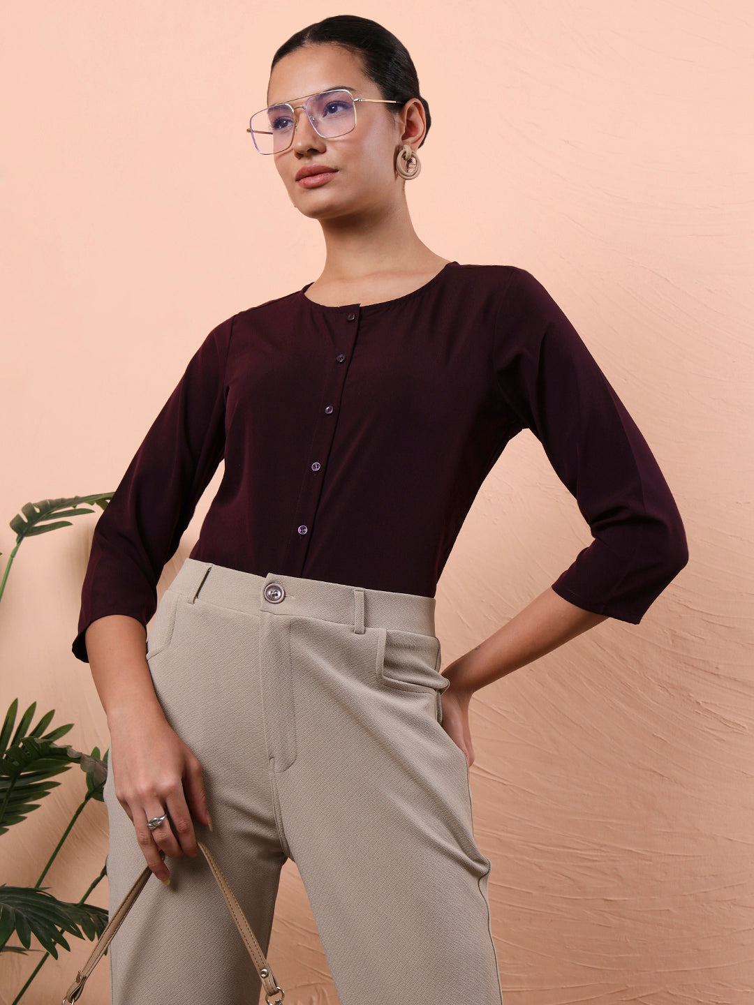 women smart mandarin collar solid polyester shirt