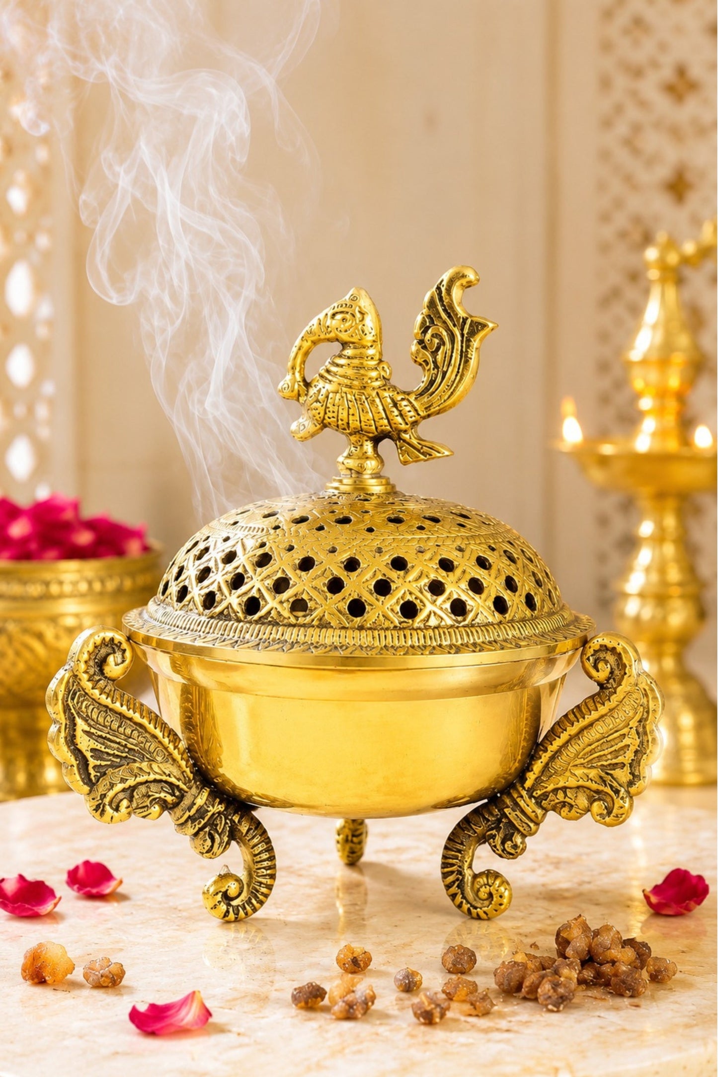 premium brass loban burner with peacock top handcrafted brass dhoop dani for loban sambrani cups dhoop bakhoor resin incense decorative pooja dhuni burner for home temple meditation