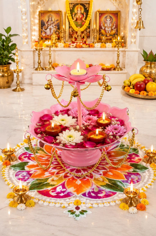 pink metal urli bowl with diya stand hanging chain design for floating flowers candles decorative centerpiece for diwali wedding home decor festive gifting