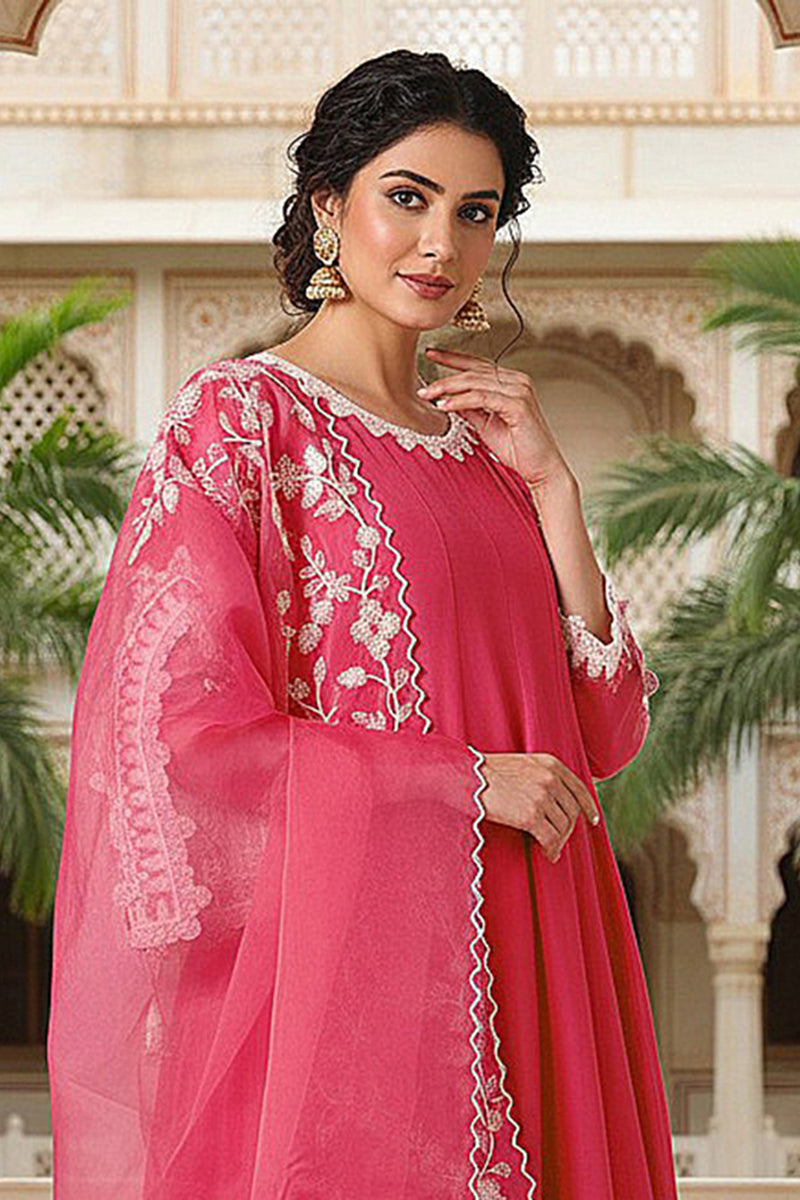 pink silk blend solid embroidered flared suit set pkskd2071