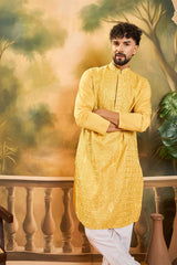 yellow silk blend solid embroidered straight kurta
