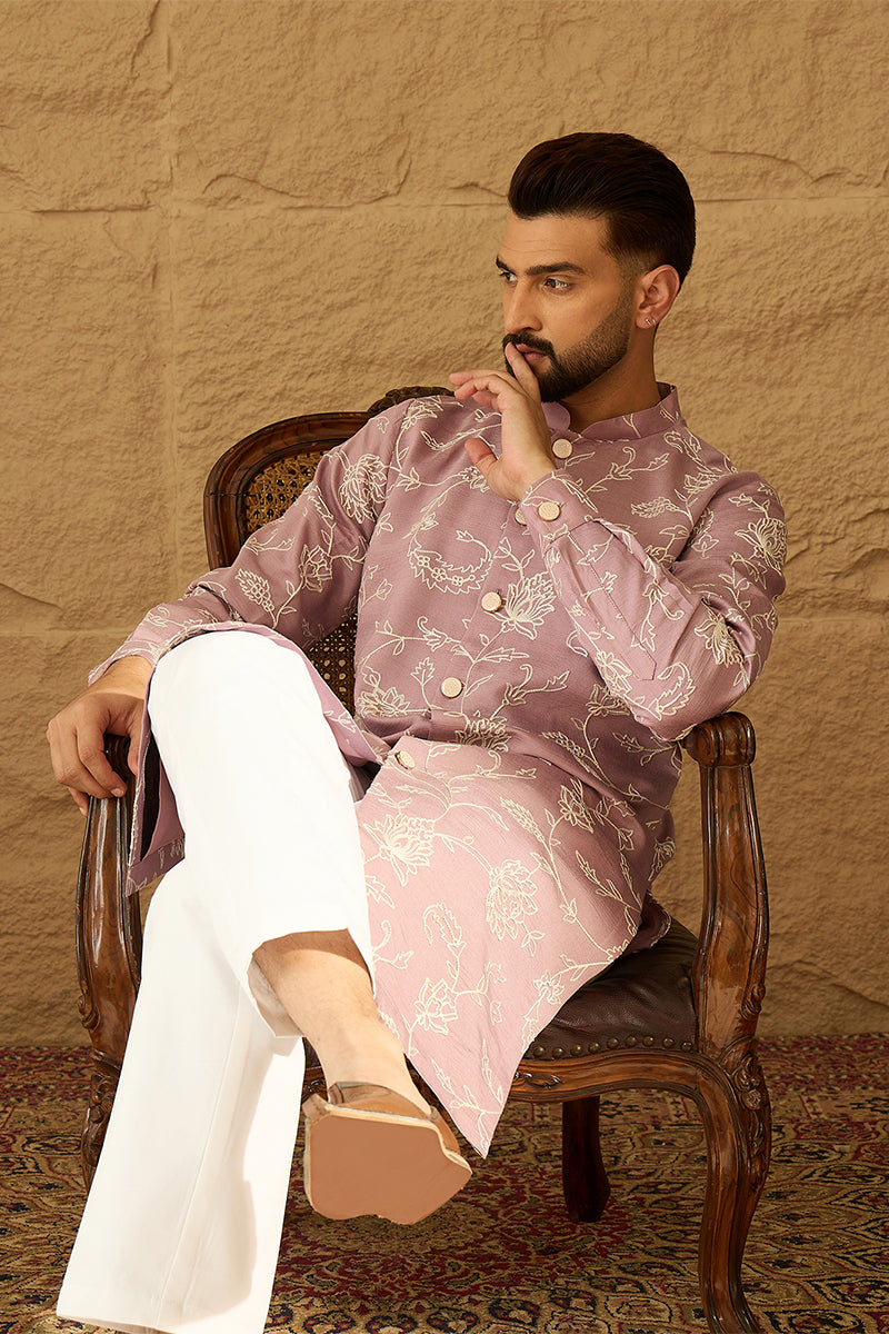 Lavender Viscose Rayon Solid Embroidered Straight Kurta with Trouser MKSET1704