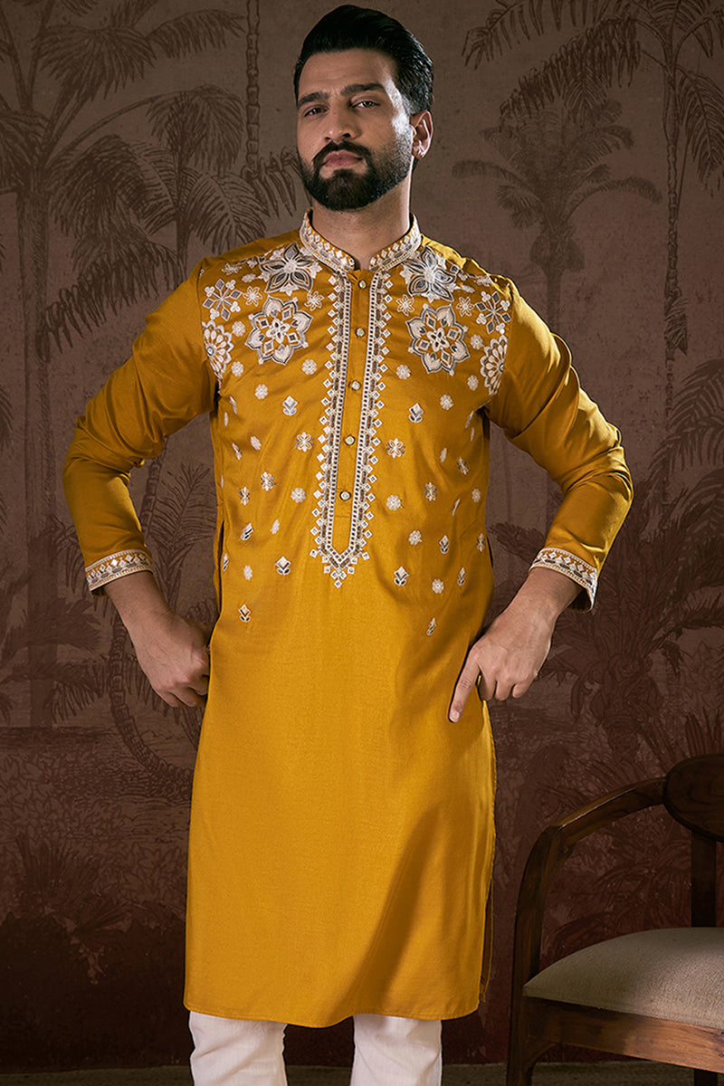 Mustard Silk Blend Solid Embroidered Straight Kurta MKU1796