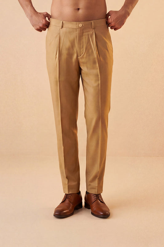 Men Tan Modal Relaxed Straight Fit Pleated Trousers MBOT1008