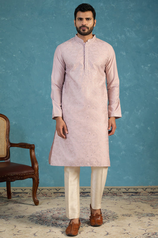 Men Lavender Silk Blend Embroidered Straight Kurta Sets MKSET2135