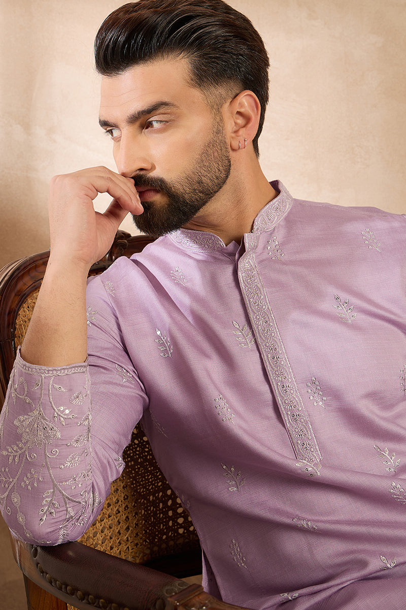 Lavender Silk Blend Floral Embroidered Straight Kurta With Trouser MKSET1781