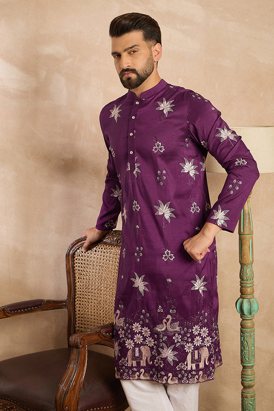 Purple Polyester Solid Embroidered Straight Kurta With Trouser MKSET1834