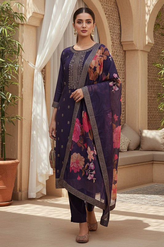 purple silk blend ethnic motifs stoning straight kurta trouser with dupatta
