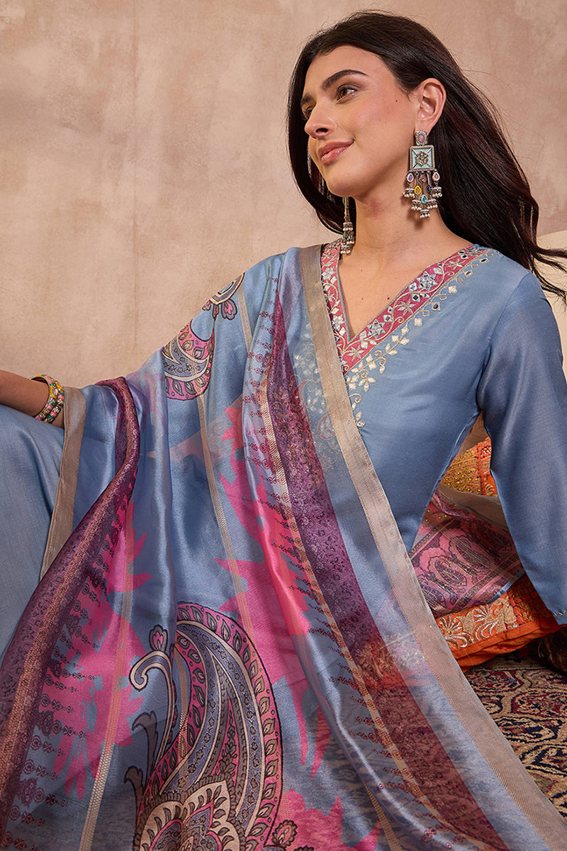blue rayon blend solid embroidered straight kurta trouser with dupatta pkskd3100