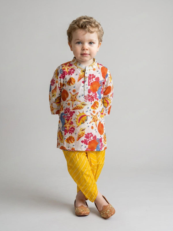 Boys White & Yellow Printed Kurta with Dhoti Pants ILBKS60