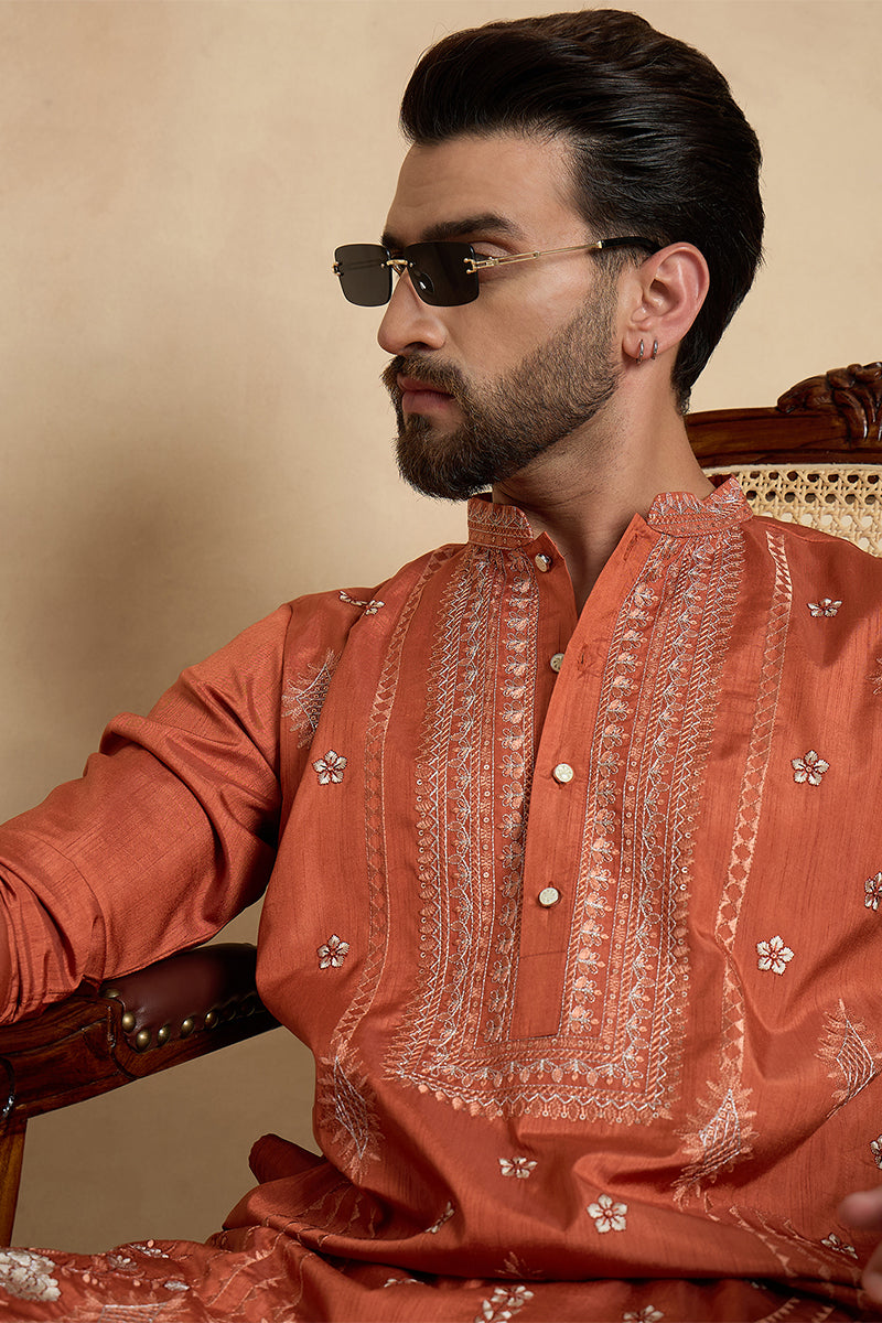 Mens Orange Silk Blend Solid Embroidered Straight Kurta With Trouser MKSET2524