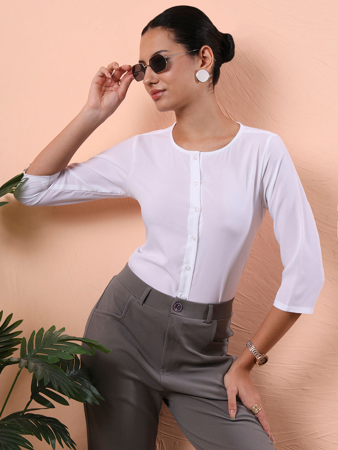 women smart mandarin collar solid polyester shirt