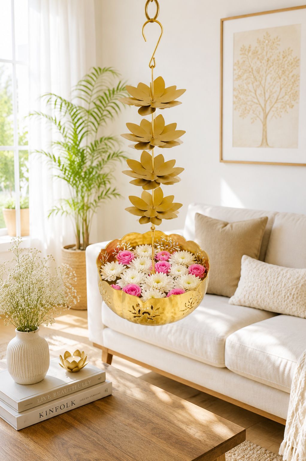 premium hanging lotus urli bowl decorative metal hanging flower urli for floating flowers water candles traditional hanging urli for diwali pooja wedding home decoration