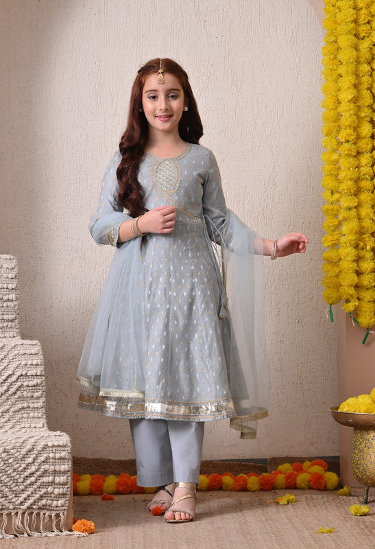 Indi Loom Couture Girls Blue Embellished Anarkali Kurta with Solid Pants & Dupatta Set ILKSD44