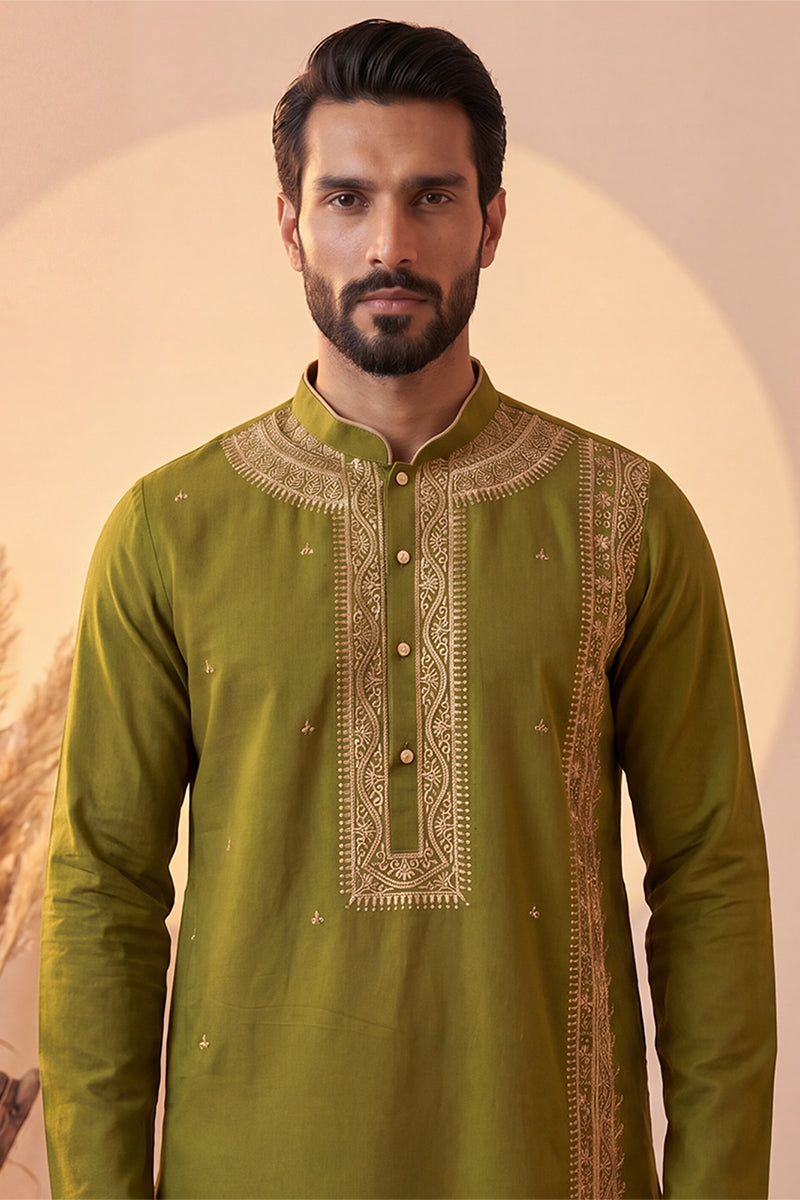 Mens Green Silk Blend Solid Emboidered Straight Kurta MKU2313